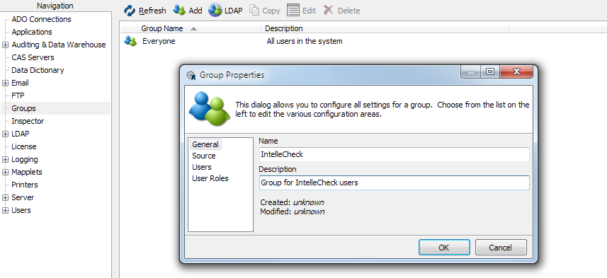 Group Properties dialog, adding the IntelleCheck group